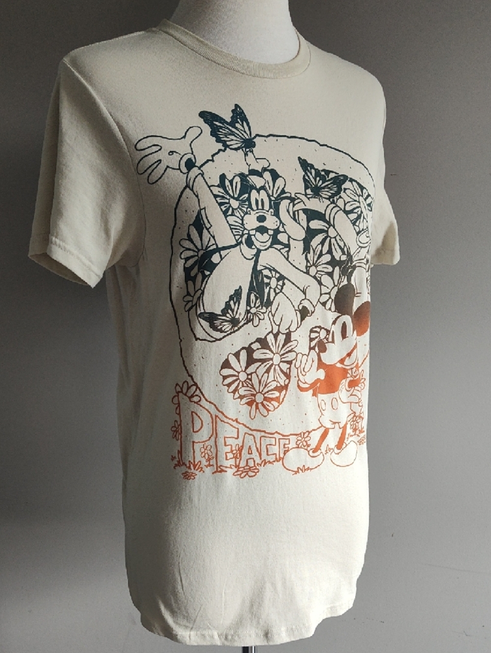 Disney Unisex Peace Mickey Mouse Cream Tee with Teal And Brown Graphics